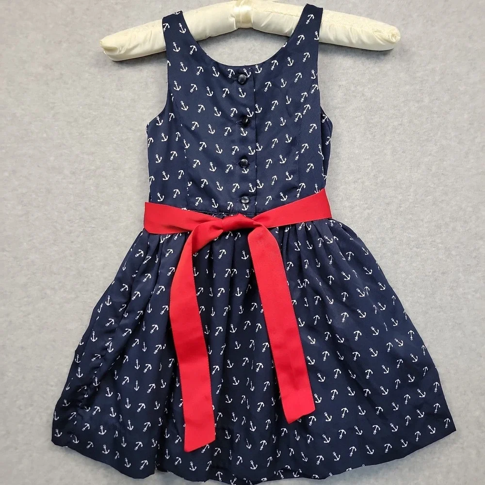 Polo Ralph Lauren Girls Anchor‎ Print Navy Twill Dress Red Ribbon Sz 5 Nautical
